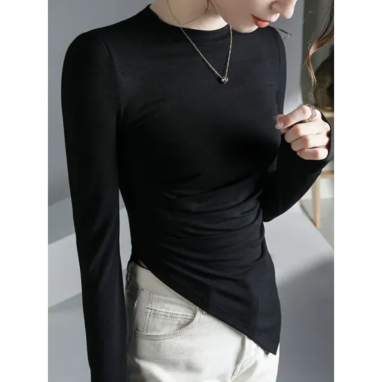 Asymmetric Pleated Solid Color Long Sleeves Skinny Round-Neck T-Shirts Tops Asymmetric Pleated Solid Color Long Sleeves Skinny Round-Neck T-Shirts Tops