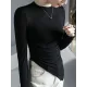 Asymmetric Pleated Solid Color Long Sleeves Skinny Round-Neck T-Shirts Tops Asymmetric Pleated Solid Color Long Sleeves Skinny Round-Neck T-Shirts Tops