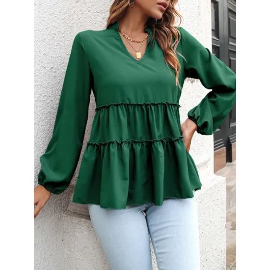 Solid Color Long Sleeves Loose V-Neck T-Shirts Tops Solid Color Long Sleeves Loose V-Neck T-Shirts Tops