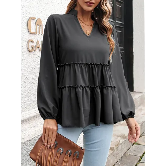 Solid Color Long Sleeves Loose V-Neck T-Shirts Tops Solid Color Long Sleeves Loose V-Neck T-Shirts Tops