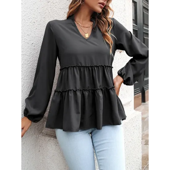 Solid Color Long Sleeves Loose V-Neck T-Shirts Tops Solid Color Long Sleeves Loose V-Neck T-Shirts Tops