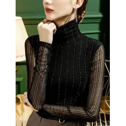 See-Through Solid Color Long Sleeves Skinny High-Neck T-Shirts Tops