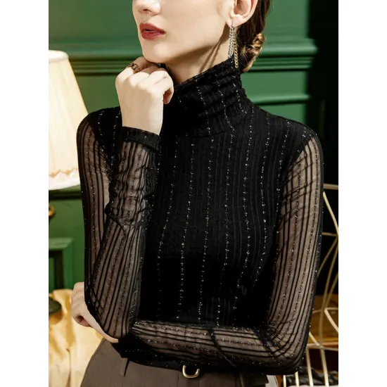 See-Through Solid Color Long Sleeves Skinny High-Neck T-Shirts Tops See-Through Solid Color Long Sleeves Skinny High-Neck T-Shirts Tops