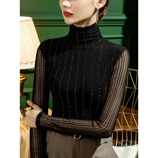 See-Through Solid Color Long Sleeves Skinny High-Neck T-Shirts Tops See-Through Solid Color Long Sleeves Skinny High-Neck T-Shirts Tops