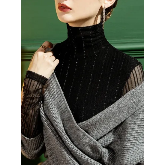 See-Through Solid Color Long Sleeves Skinny High-Neck T-Shirts Tops See-Through Solid Color Long Sleeves Skinny High-Neck T-Shirts Tops