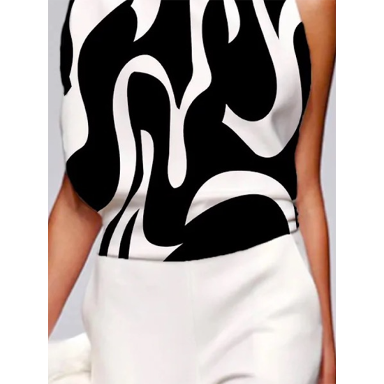 Loose Sleeveless Asymmetric Contrast Color Printed One-Shoulder T-Shirts Tops Loose Sleeveless Asymmetric Contrast Color Printed One-Shoulder T-Shirts Tops