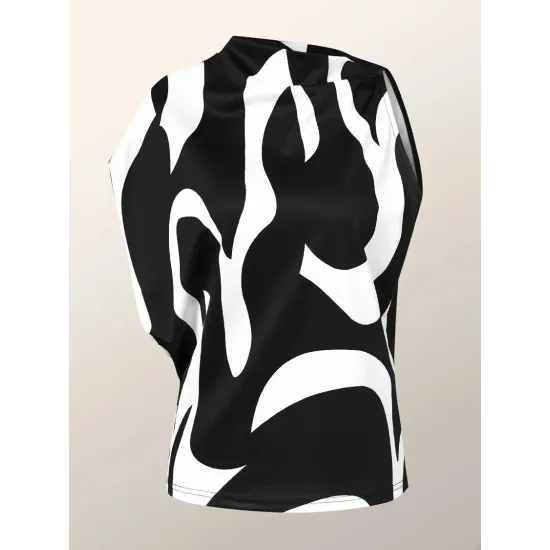 Loose Sleeveless Asymmetric Contrast Color Printed One-Shoulder T-Shirts Tops Loose Sleeveless Asymmetric Contrast Color Printed One-Shoulder T-Shirts Tops