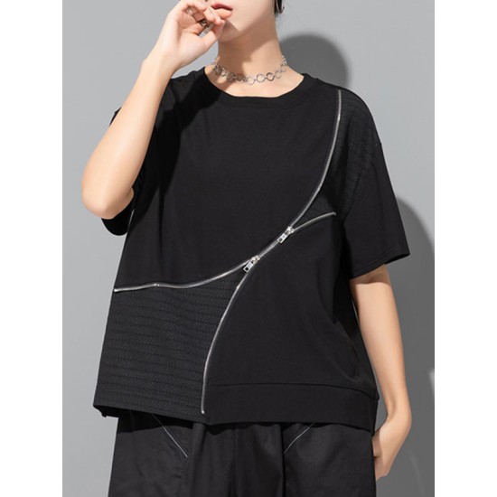 Asymmetric Split-Joint Zipper Loose Short Sleeves Round-neck T-Shirts Tops Asymmetric Split-Joint Zipper Loose Short Sleeves Round-neck T-Shirts Tops