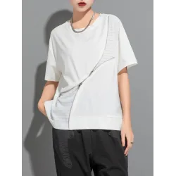 Asymmetric Split-Joint Zipper Loose Short Sleeves Round-neck T-Shirts Tops