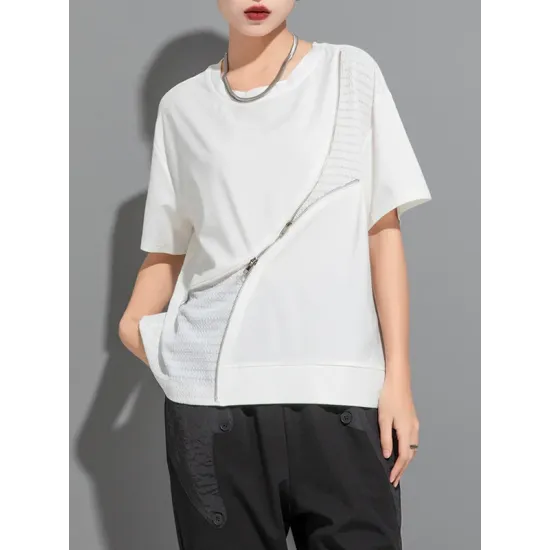 Asymmetric Split-Joint Zipper Loose Short Sleeves Round-neck T-Shirts Tops Asymmetric Split-Joint Zipper Loose Short Sleeves Round-neck T-Shirts Tops
