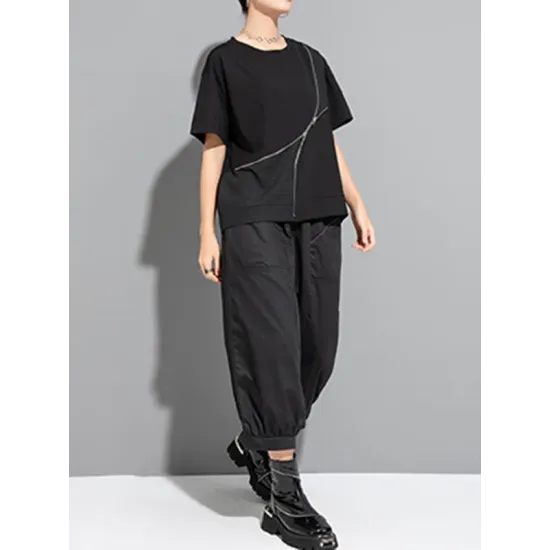 Asymmetric Split-Joint Zipper Loose Short Sleeves Round-neck T-Shirts Tops Asymmetric Split-Joint Zipper Loose Short Sleeves Round-neck T-Shirts Tops