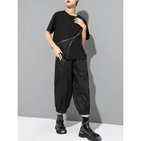 Asymmetric Split-Joint Zipper Loose Short Sleeves Round-neck T-Shirts Tops Asymmetric Split-Joint Zipper Loose Short Sleeves Round-neck T-Shirts Tops
