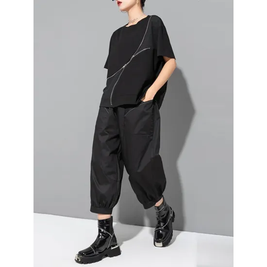 Asymmetric Split-Joint Zipper Loose Short Sleeves Round-neck T-Shirts Tops Asymmetric Split-Joint Zipper Loose Short Sleeves Round-neck T-Shirts Tops
