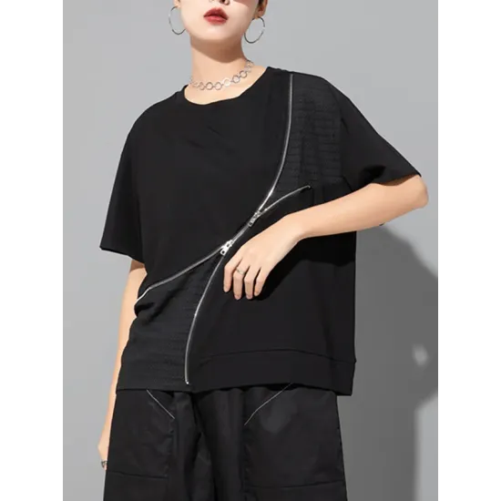 Asymmetric Split-Joint Zipper Loose Short Sleeves Round-neck T-Shirts Tops Asymmetric Split-Joint Zipper Loose Short Sleeves Round-neck T-Shirts Tops