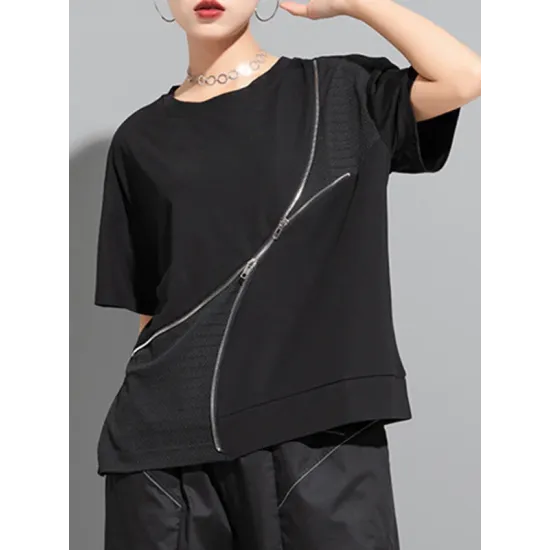 Asymmetric Split-Joint Zipper Loose Short Sleeves Round-neck T-Shirts Tops Asymmetric Split-Joint Zipper Loose Short Sleeves Round-neck T-Shirts Tops