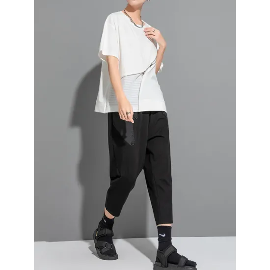 Asymmetric Split-Joint Zipper Loose Short Sleeves Round-neck T-Shirts Tops Asymmetric Split-Joint Zipper Loose Short Sleeves Round-neck T-Shirts Tops