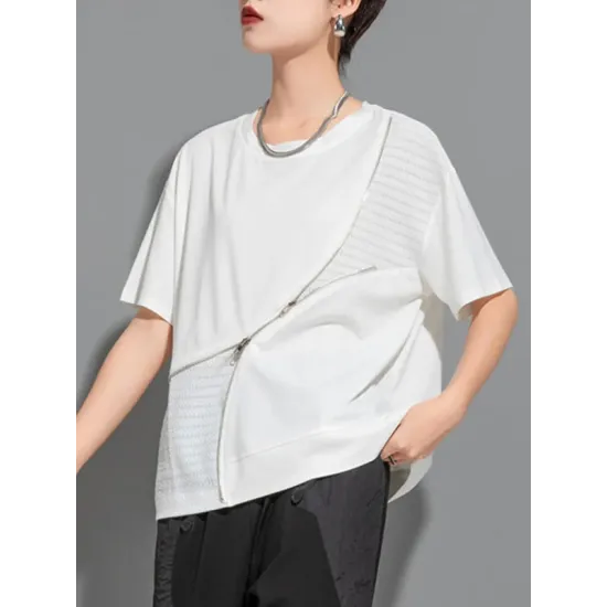Asymmetric Split-Joint Zipper Loose Short Sleeves Round-neck T-Shirts Tops Asymmetric Split-Joint Zipper Loose Short Sleeves Round-neck T-Shirts Tops