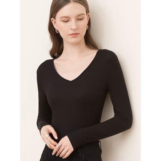 Casual Skinny Long Sleeves Solid Color V-Neck T-Shirts Casual Skinny Long Sleeves Solid Color V-Neck T-Shirts