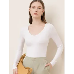 Casual Skinny Long Sleeves Solid Color V-Neck T-Shirts