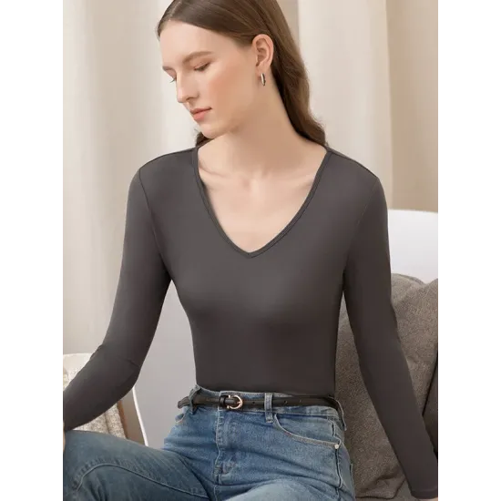 Casual Skinny Long Sleeves Solid Color V-Neck T-Shirts Casual Skinny Long Sleeves Solid Color V-Neck T-Shirts