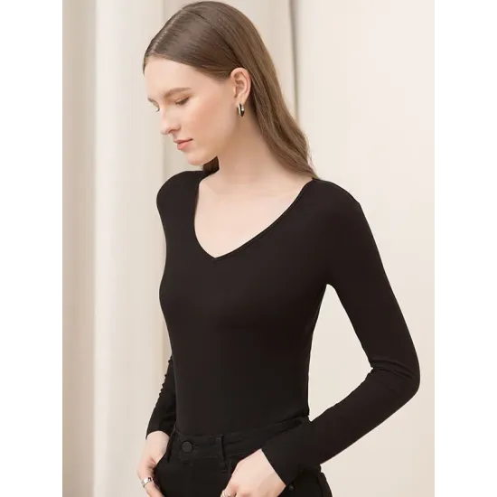 Casual Skinny Long Sleeves Solid Color V-Neck T-Shirts Casual Skinny Long Sleeves Solid Color V-Neck T-Shirts
