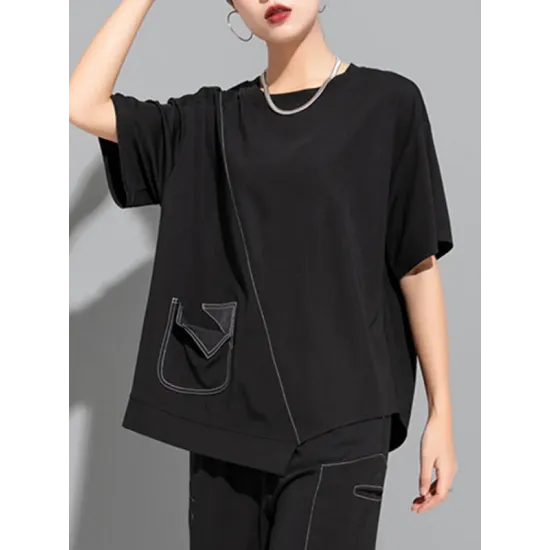 Asymmetric Solid Color Split-Joint Loose Short Sleeves Round-Neck T-Shirts Tops