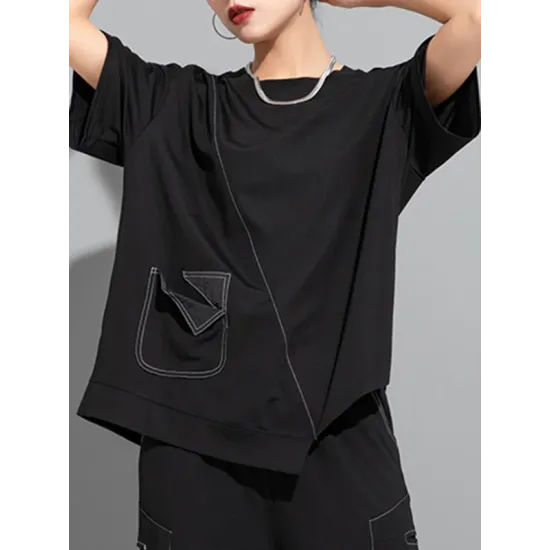 Asymmetric Solid Color Split-Joint Loose Short Sleeves Round-Neck T-Shirts Tops