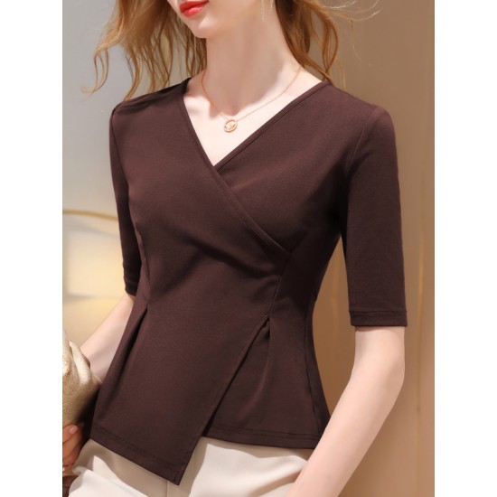 Asymmetric Solid Color Half Sleeves Skinny V-Neck T-Shirts Tops Asymmetric Solid Color Half Sleeves Skinny V-Neck T-Shirts Tops