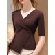 Asymmetric Solid Color Half Sleeves Skinny V-Neck T-Shirts Tops Asymmetric Solid Color Half Sleeves Skinny V-Neck T-Shirts Tops