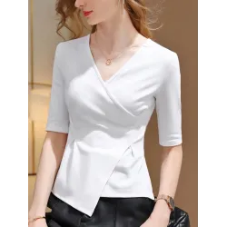 Asymmetric Solid Color Half Sleeves Skinny V-Neck T-Shirts Tops