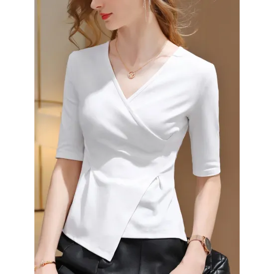 Asymmetric Solid Color Half Sleeves Skinny V-Neck T-Shirts Tops Asymmetric Solid Color Half Sleeves Skinny V-Neck T-Shirts Tops