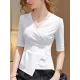 Asymmetric Solid Color Half Sleeves Skinny V-Neck T-Shirts Tops Asymmetric Solid Color Half Sleeves Skinny V-Neck T-Shirts Tops