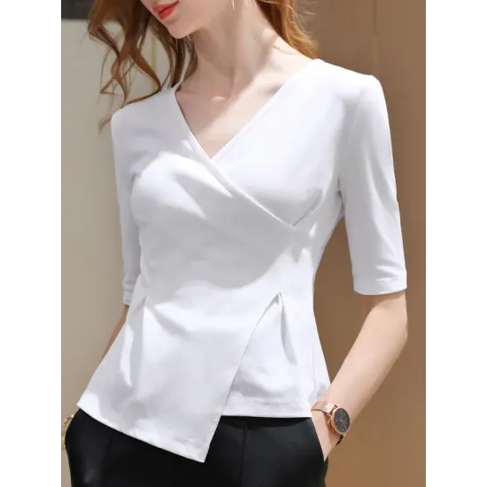 Asymmetric Solid Color Half Sleeves Skinny V-Neck T-Shirts Tops Asymmetric Solid Color Half Sleeves Skinny V-Neck T-Shirts Tops