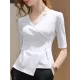 Asymmetric Solid Color Half Sleeves Skinny V-Neck T-Shirts Tops Asymmetric Solid Color Half Sleeves Skinny V-Neck T-Shirts Tops