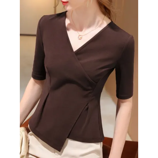 Asymmetric Solid Color Half Sleeves Skinny V-Neck T-Shirts Tops Asymmetric Solid Color Half Sleeves Skinny V-Neck T-Shirts Tops