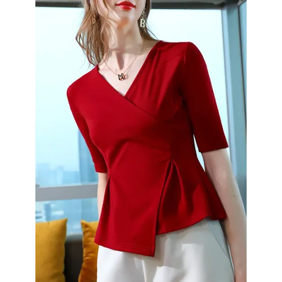 Asymmetric Solid Color Half Sleeves Skinny V-Neck T-Shirts Tops Asymmetric Solid Color Half Sleeves Skinny V-Neck T-Shirts Tops