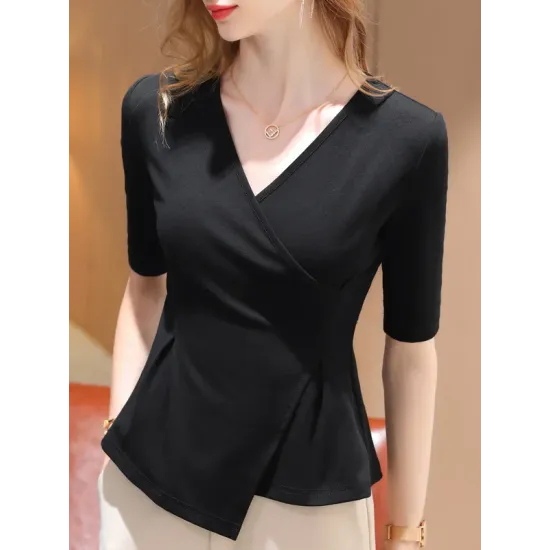 Asymmetric Solid Color Half Sleeves Skinny V-Neck T-Shirts Tops Asymmetric Solid Color Half Sleeves Skinny V-Neck T-Shirts Tops