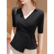 Asymmetric Solid Color Half Sleeves Skinny V-Neck T-Shirts Tops Asymmetric Solid Color Half Sleeves Skinny V-Neck T-Shirts Tops