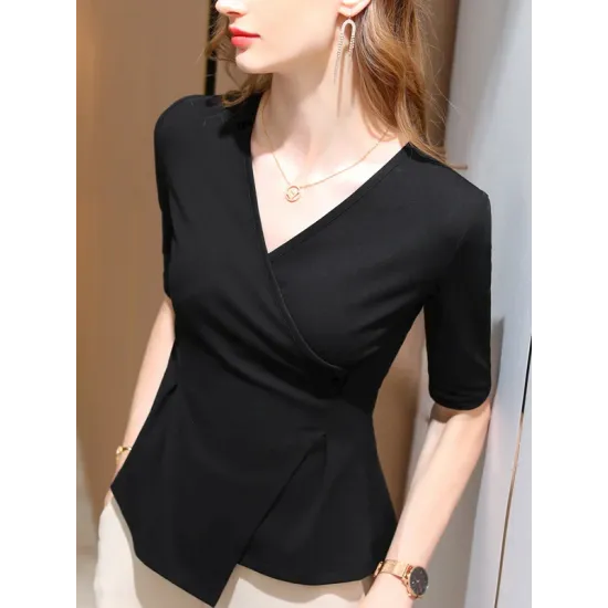 Asymmetric Solid Color Half Sleeves Skinny V-Neck T-Shirts Tops Asymmetric Solid Color Half Sleeves Skinny V-Neck T-Shirts Tops