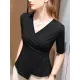 Asymmetric Solid Color Half Sleeves Skinny V-Neck T-Shirts Tops Asymmetric Solid Color Half Sleeves Skinny V-Neck T-Shirts Tops