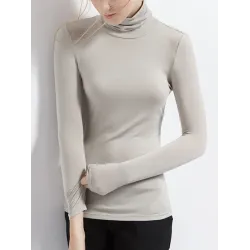 Simple Long Sleeves Skinny Solid Color High-Neck T-Shirts