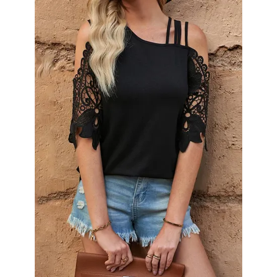 Asymmetric Hollow Solid Color Loose Short Sleeves Cold Shoulder T-Shirts Asymmetric Hollow Solid Color Loose Short Sleeves Cold Shoulder T-Shirts