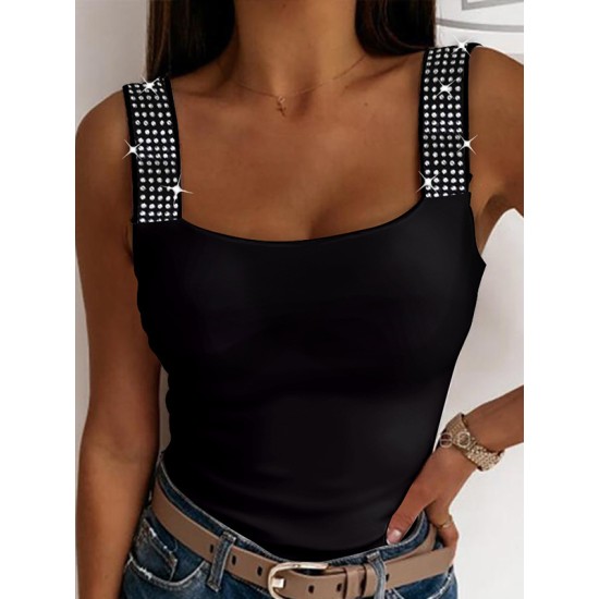 Elasticity Rhinestone Split-Joint Skinny Sleeveless Spaghetti-Neck Vest Top Elasticity Rhinestone Split-Joint Skinny Sleeveless Spaghetti-Neck Vest Top