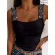 Elasticity Rhinestone Split-Joint Skinny Sleeveless Spaghetti-Neck Vest Top Elasticity Rhinestone Split-Joint Skinny Sleeveless Spaghetti-Neck Vest Top