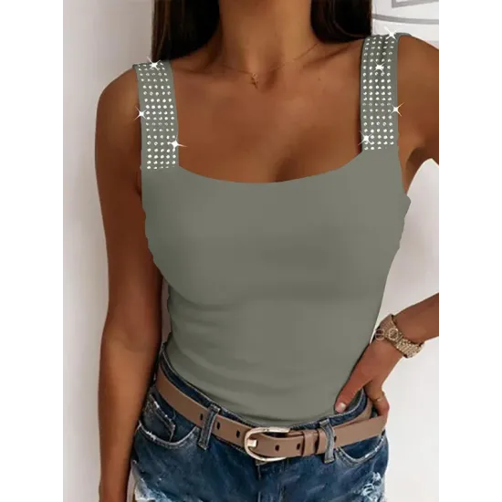 Elasticity Rhinestone Split-Joint Skinny Sleeveless Spaghetti-Neck Vest Top Elasticity Rhinestone Split-Joint Skinny Sleeveless Spaghetti-Neck Vest Top