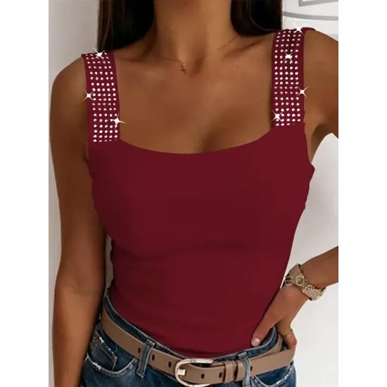 Elasticity Rhinestone Split-Joint Skinny Sleeveless Spaghetti-Neck Vest Top Elasticity Rhinestone Split-Joint Skinny Sleeveless Spaghetti-Neck Vest Top