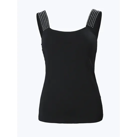 Elasticity Rhinestone Split-Joint Skinny Sleeveless Spaghetti-Neck Vest Top Elasticity Rhinestone Split-Joint Skinny Sleeveless Spaghetti-Neck Vest Top