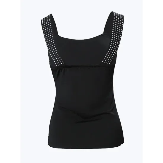 Elasticity Rhinestone Split-Joint Skinny Sleeveless Spaghetti-Neck Vest Top Elasticity Rhinestone Split-Joint Skinny Sleeveless Spaghetti-Neck Vest Top
