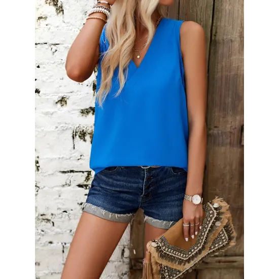 Solid Color Split-Joint Loose Sleeveless V-Neck Vest Top Solid Color Split-Joint Loose Sleeveless V-Neck Vest Top