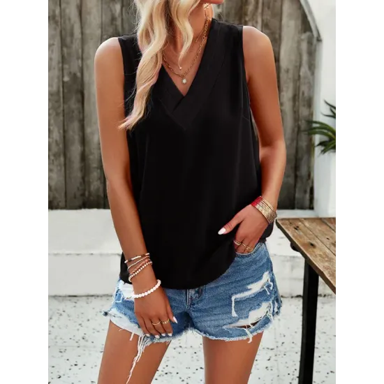 Solid Color Split-Joint Loose Sleeveless V-Neck Vest Top Solid Color Split-Joint Loose Sleeveless V-Neck Vest Top